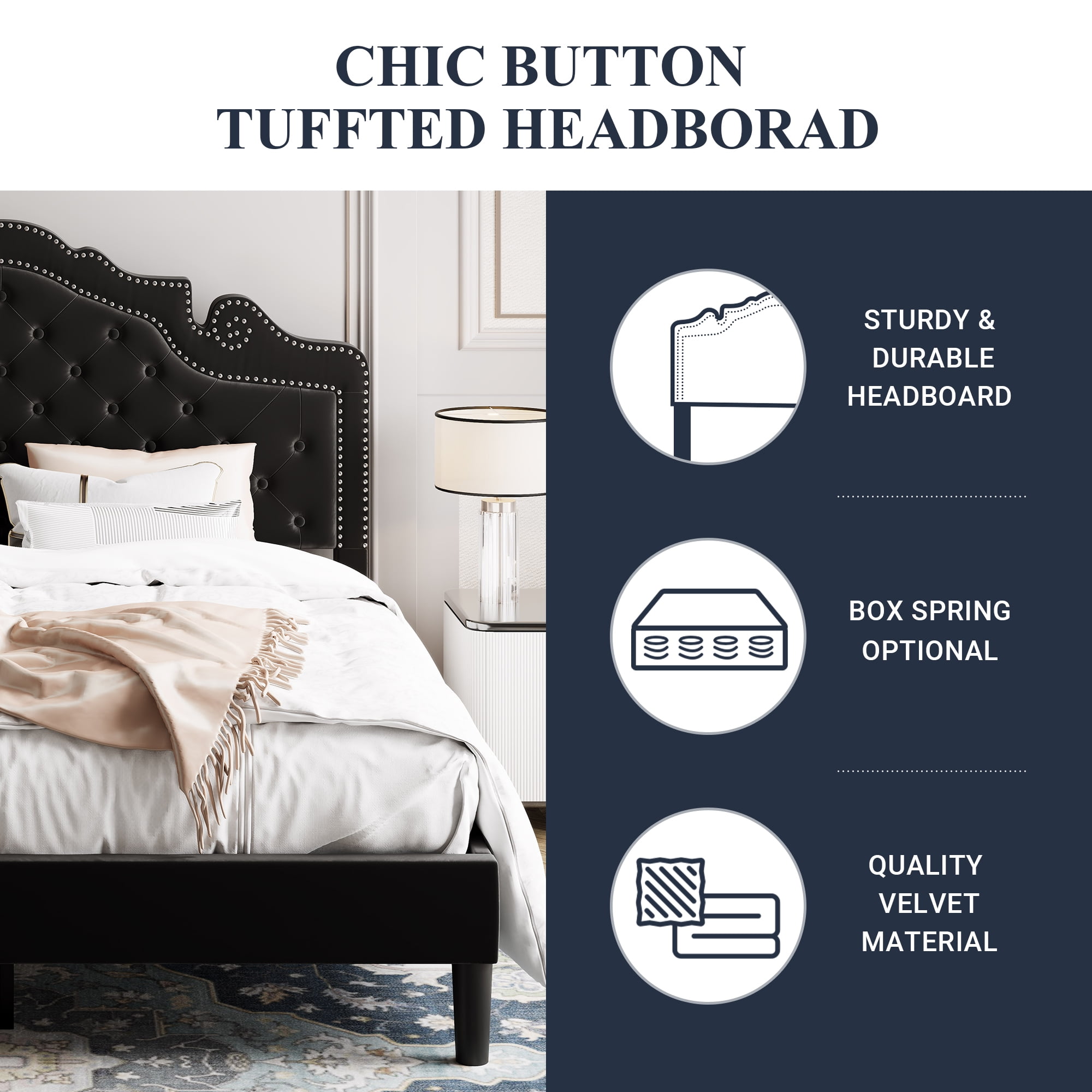 Allewie Queen Size Platform Bed Frame with Velvet Tiara Upholstered Diamond Button Tufted Headboard, Black