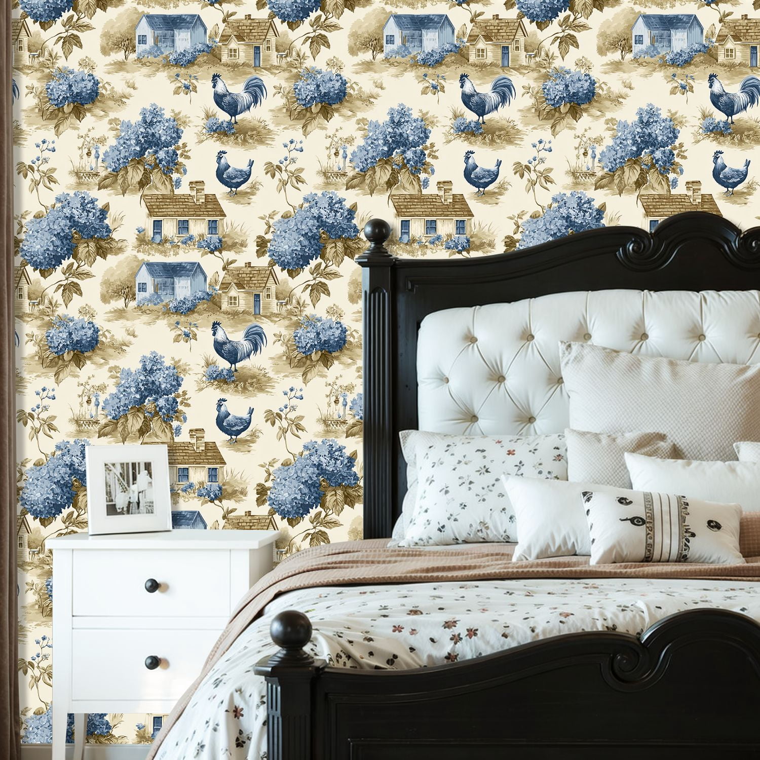 Peel and Stick Wallpaper Blue Hydrangea Farmhouse Toile Roosters Country Cottages Wall Mural 23.6in x 9.8ft Self Adhesive Removable Wall Paper Renter Friendly Wallpaper for Nursery Bedroom Cabinets