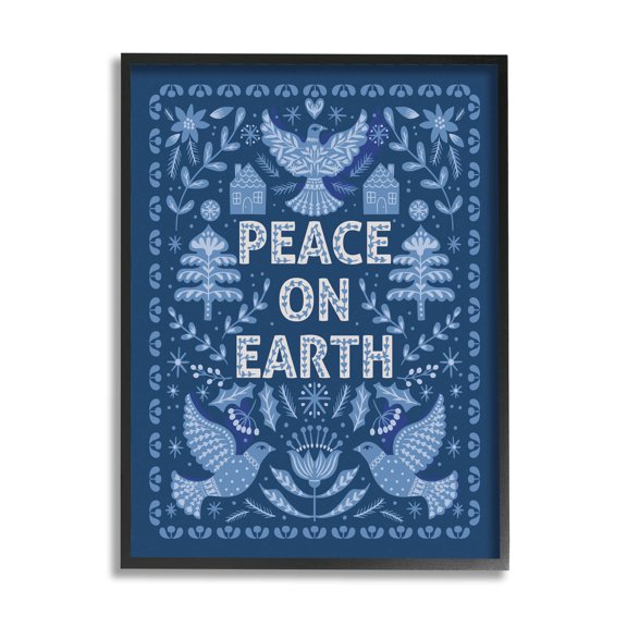 Peace On Earth Blue Doves Holiday Graphic Art Black Framed Art Print Wall Art