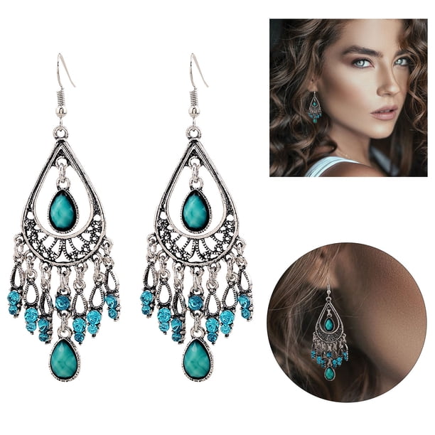 Censtreet Bohemian Long Tassel Turquoise Beads Water Drop Dangle Earrings For Women Vintage Copper Coil Necklace Mujer Exaggerated Earring
