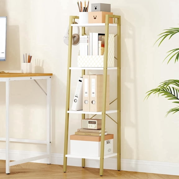 Ladder Shelf, Bookshelf Bookcase, Freestanding Corner Storage Shelve with 2 Hooks for Home Office, Living Room, Kitchen, Bedroom, Industrial, 11.8" D x 13.4" W x 47.2" H, White Gold