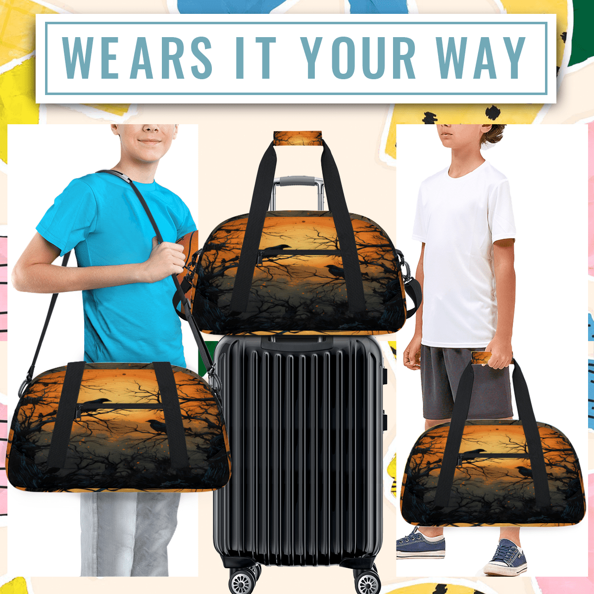 Herdesigns Sports Duffle Bags Travel Duffle Bag Gym Bag Halloween Crow Themed Weekender Travel Bag Waterproof Overnight Bag Carry On Travel Tote Bag Dance Bags