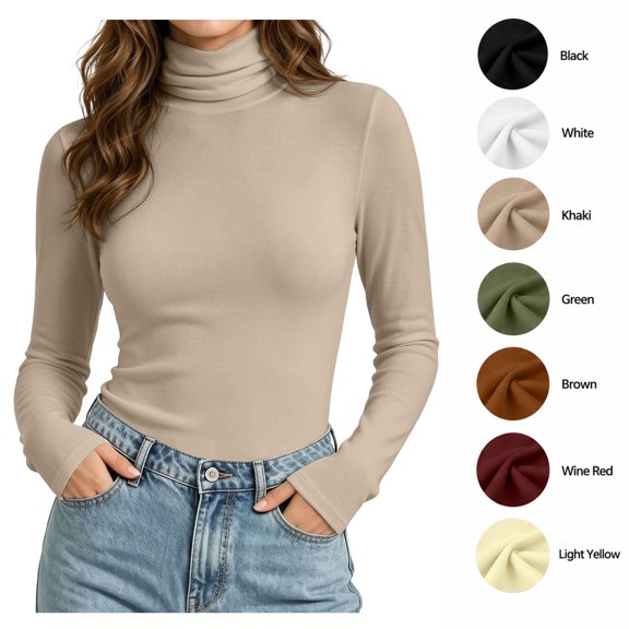 XRoczxe Women's Turtleneck Long Sleeve Shirt, Soft Stretchy Slim Fit Mock Neck Top, Casual Basic Solid Color Tee for Fall Winter Layering & Daily Wear