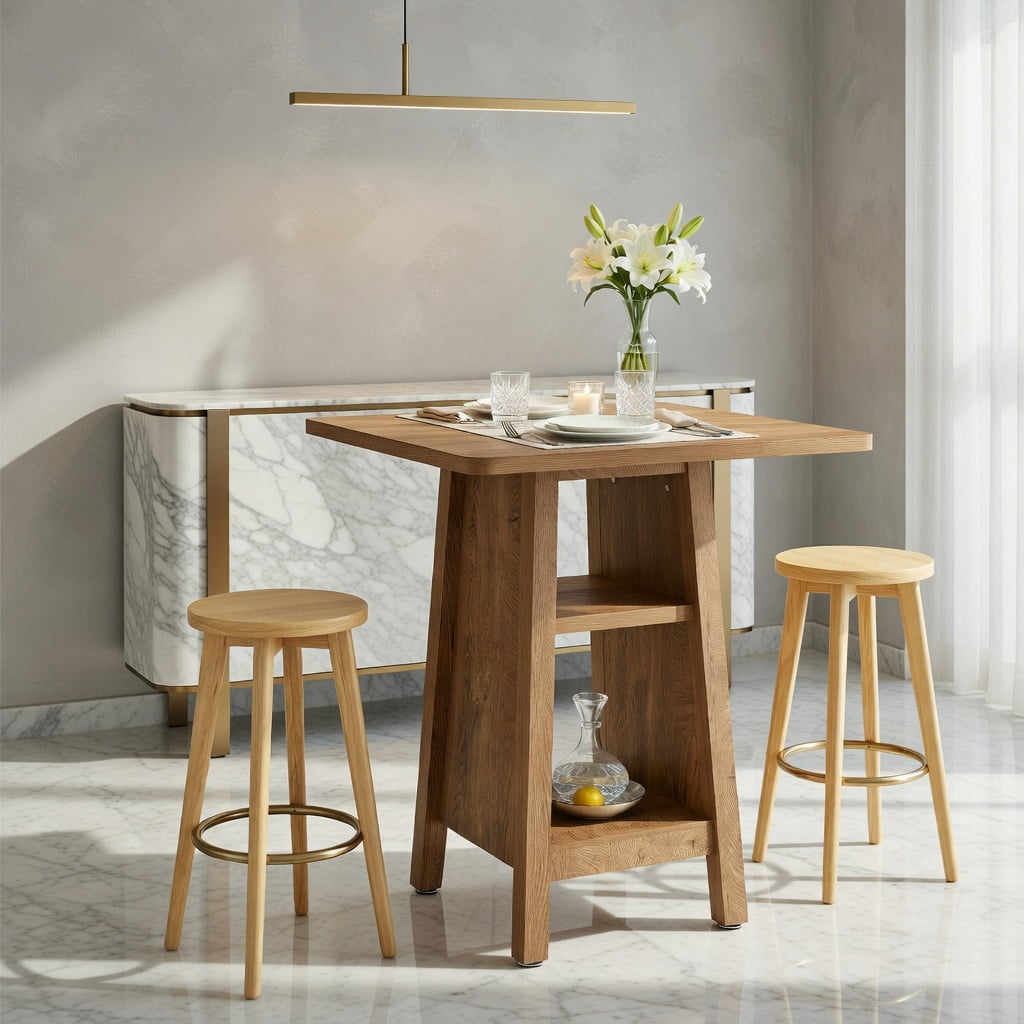 Hommoo Modern Square Bar Table with 3-Tier Open Shelving, for Kitchen, Living Room or Apartment Dining, Walnut