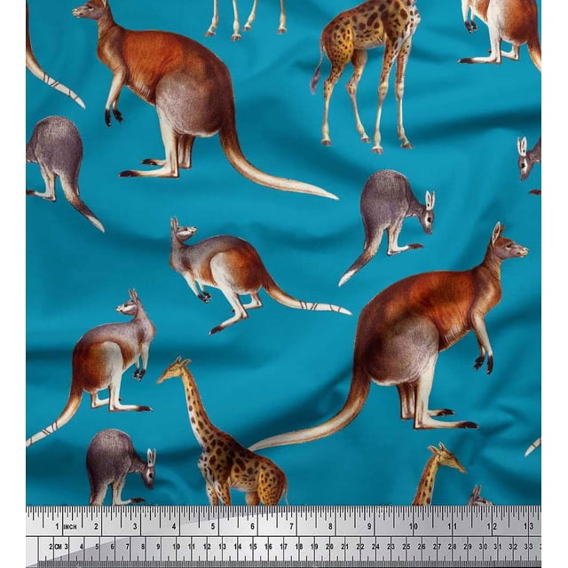 Soimoi Blue polyester Crepe Fabric Kangaroo & Giraffe Animal Printed Fabric 1 Yard 52 Inch Wide