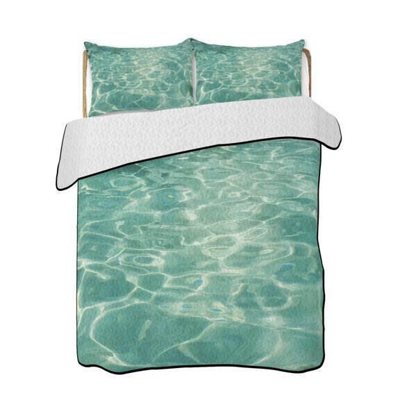 Quilt King Size Bedding Set, Green Waves Reversible Summer Quilt 3 Pieces, Summer Ocean Coastal Nautical Geometric Lightweight Bedspreads Coverlets with 2 Pillow Shams for All Seasons