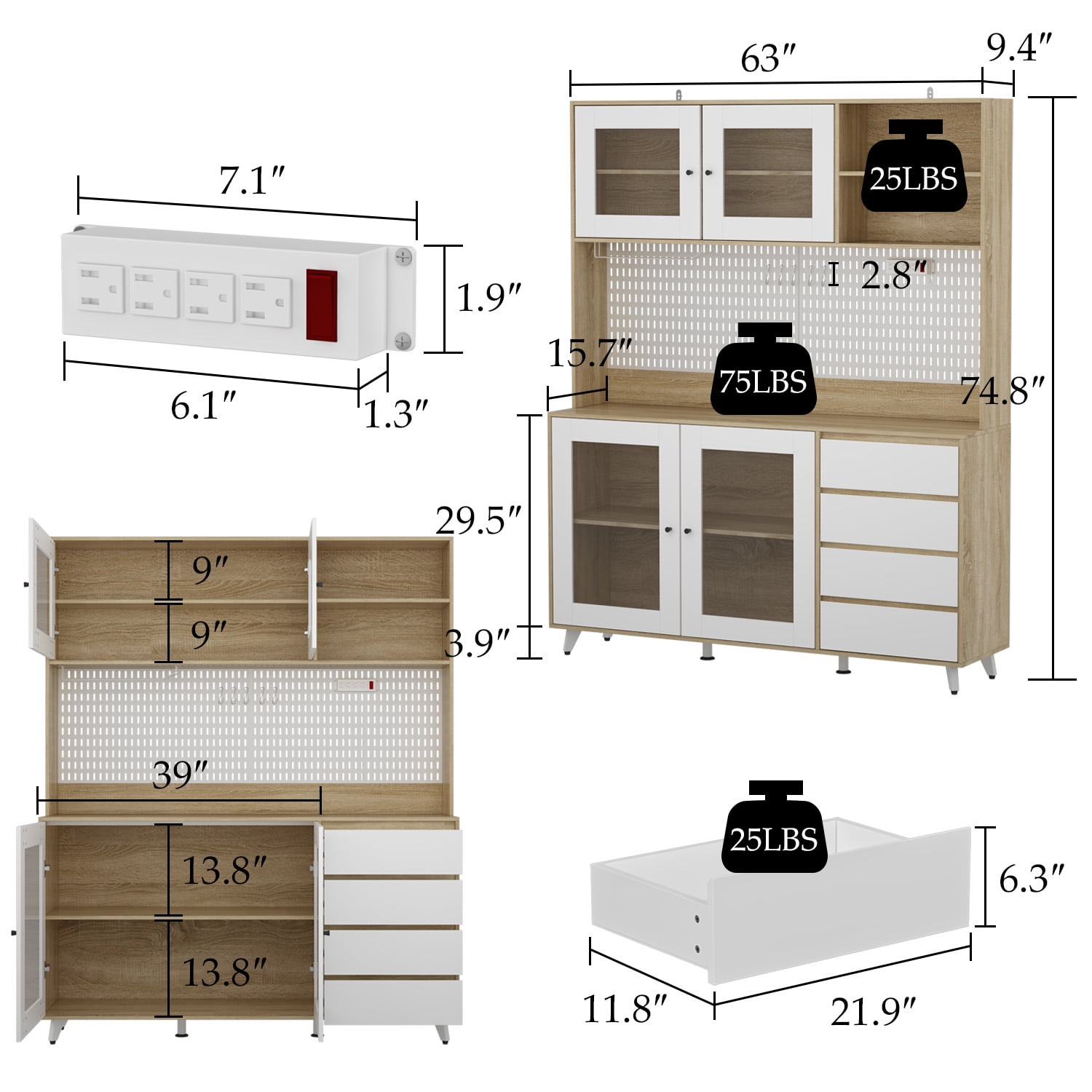 63 W Large Storage Cupboard Pantry Kitchen With Hutch, 4 Doors, 4 Dra –  FUFUGAGA