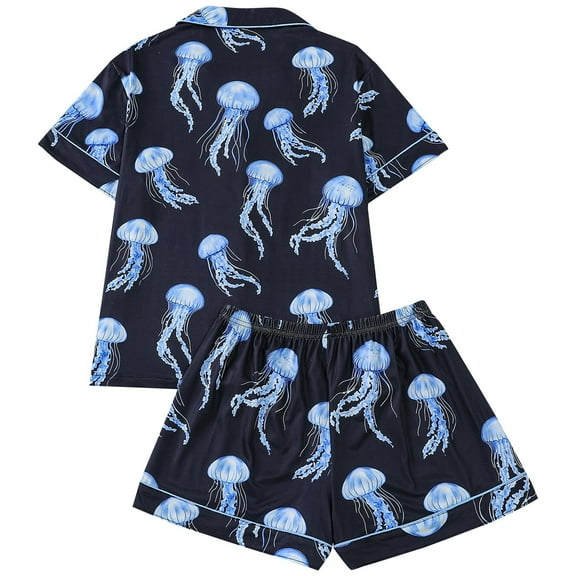 Outfits for Women Airy Stylish Print Lapel Short Sleeve Buttoned Pocket Top And Shorts 2 Piece Loungewear Women's Clothing Sets L