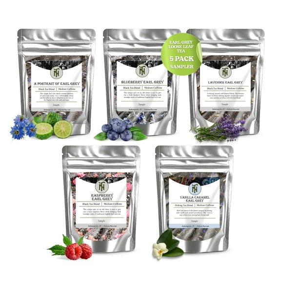 Nelson's Tea Earl Grey Loose Leaf Tea Sampler Pack - A Portrait Earl Grey, Blueberry Earl Grey, Lavender Earl Grey, Raspberry Earl Grey, & Vanilla Caramel Earl Grey (Sample Sizes)