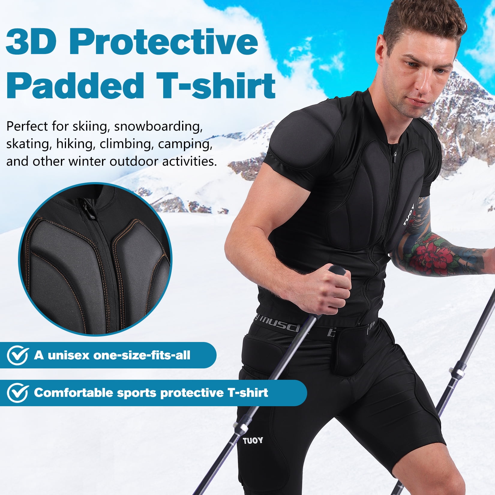Protective Padded Shirts for Snowboard, Ski, Skate - Adult - Thick 3D Impact Pads, Lightweight & Flexible, Easy Zip Design