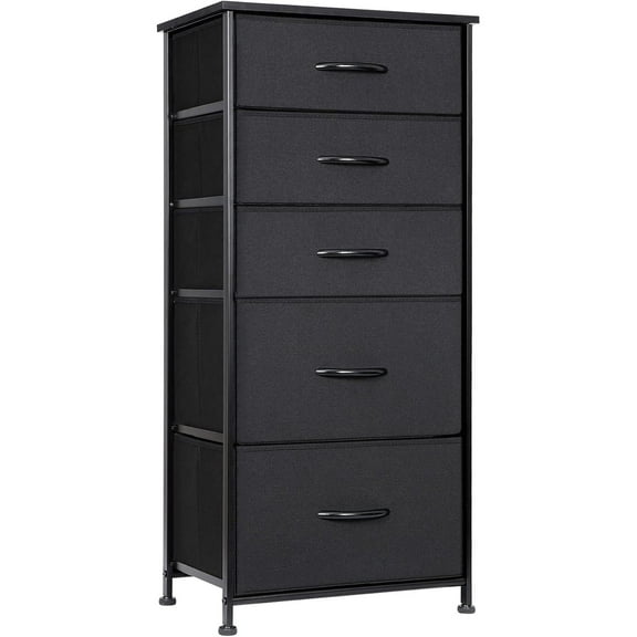 MMZP Dresser with 5 Drawers, Vertical Storage Tower Fabric Dresser, 37 inch Tall Chest of Drawers Nightstand with Wood Top and Metal Frame for Bedroom Living Room Hallway Entryway, Black