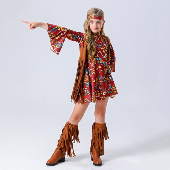 NinXxx Girls Hippie Set Cosplay Disco Party Dress Peace Loving Outfit Halloween Cosplay Red 6-7 Years