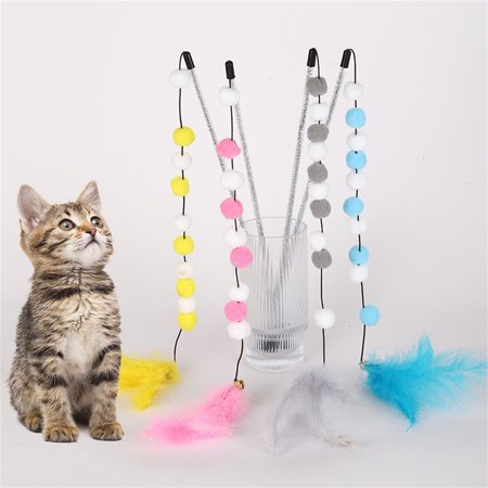 Cat Toy Pompom Cat Toys Interactive Feather Toys for Cats Teasing Durable Cats Toy Playing Stick Plush Ball Pet Supplies