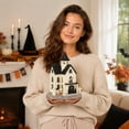 thumbnail image 7 of Liamobondopolis Light Up White Ceramic Spooky Mansion Figurine with Ghost Pumpkin Tombstone Decor for Halloween Tabletop Fireplace Mantel Farmhouse Holiday Decor 8 In, 7 of 7