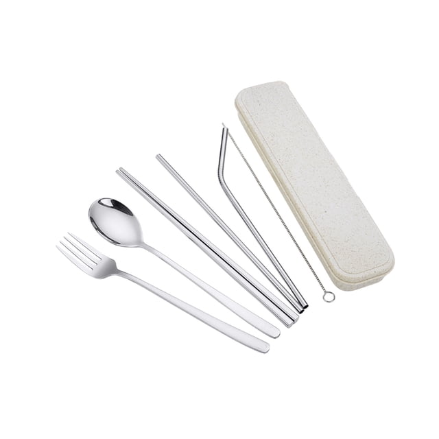 Juego de cubiertos de acero inoxidable, utensilios portátiles con cuchillo, tenedor, cuchara, palillos, pajitas y cepillo, juego de 7 piezas para acampar y viajar, guardado en estuche de transporte.