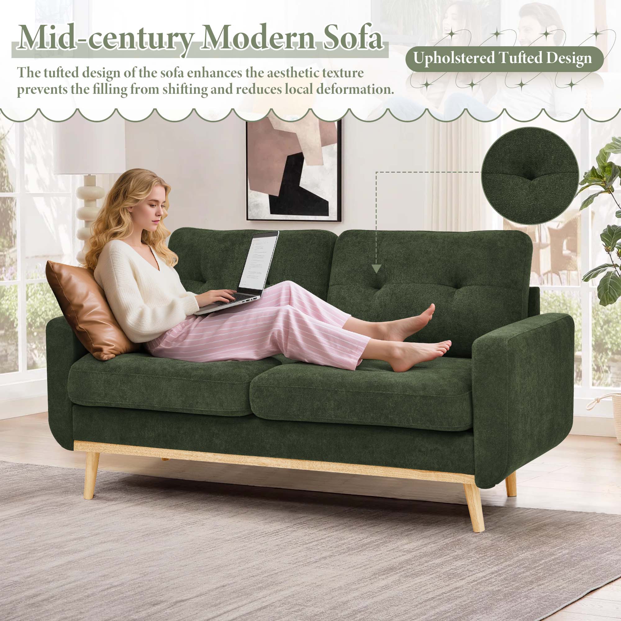 Timbernest 67.7" Loveseat Sofa, Mid-Century Loveseat Couch with Wooden Legs, Green Tufted Upholstery