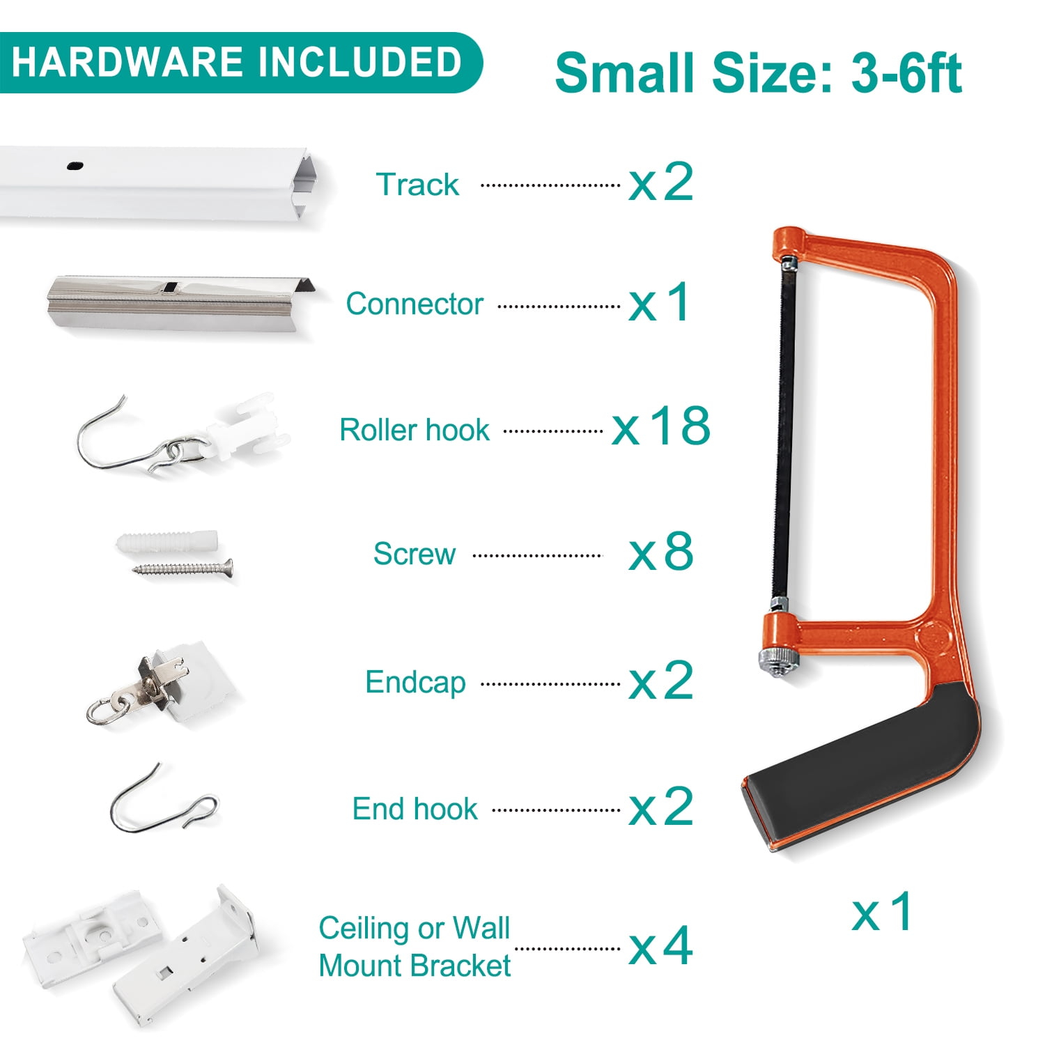 TWOPAGES Ceiling or Wall Mount Track Kit with Hooks, Small Size for Space 3ft - 6ft Wide, Work for Grommet and Pinch Pleat Curtain