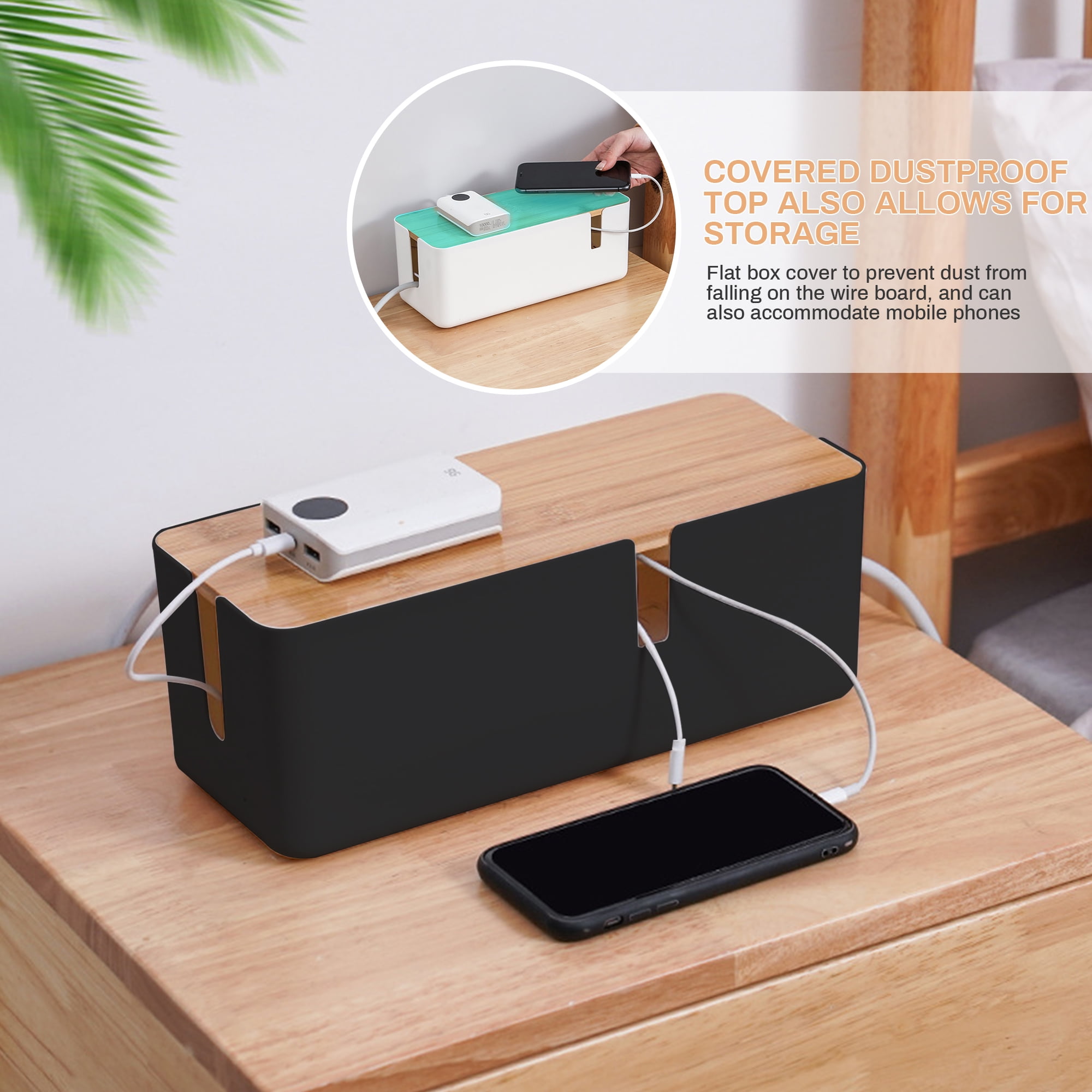 Cable Management Box - 12x 5x 4.5 inches, Cable Cover & Wood Lid, Cord Organizer for Desk TV Computer USB Hub System to Cover and Hide & Power Strips & Cords (Black)