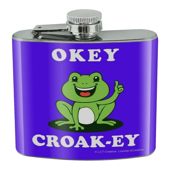 Okey Croak-ey Dokey Frog Funny Humor Stainless Steel 5oz Hip Drink Kidney Flask