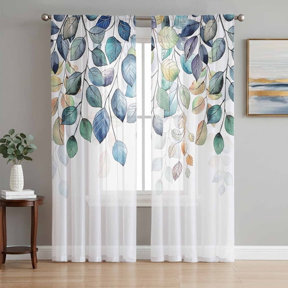 Blue Teal Botanical Sheer Curtains 63 Inch Length 2 Panels Set, Weeping Fall Eucalyptus Leaves Voile Window Treatment Rod Pocket Curtains Sheers Drapes for Bedroom/Living Room/Kitchen 52x"63"x2