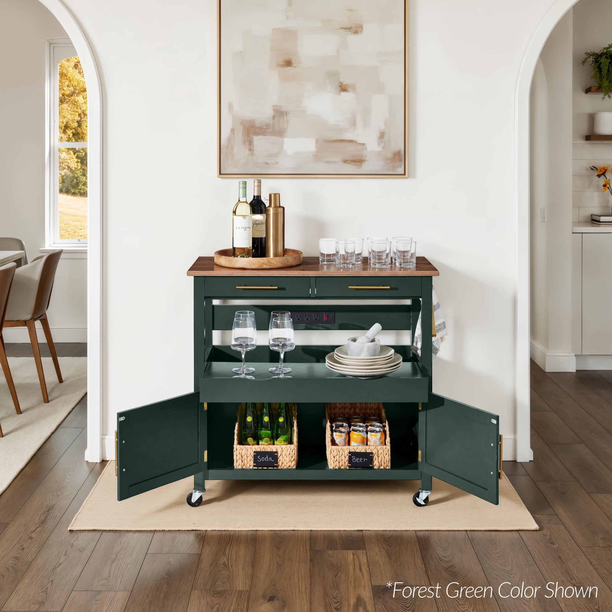 Best Choice Products 36in Large Rolling Kitchen Island Cart, 2-Door Cabinet, Outlet, Hooks, & Wheels - Pistachio Green
