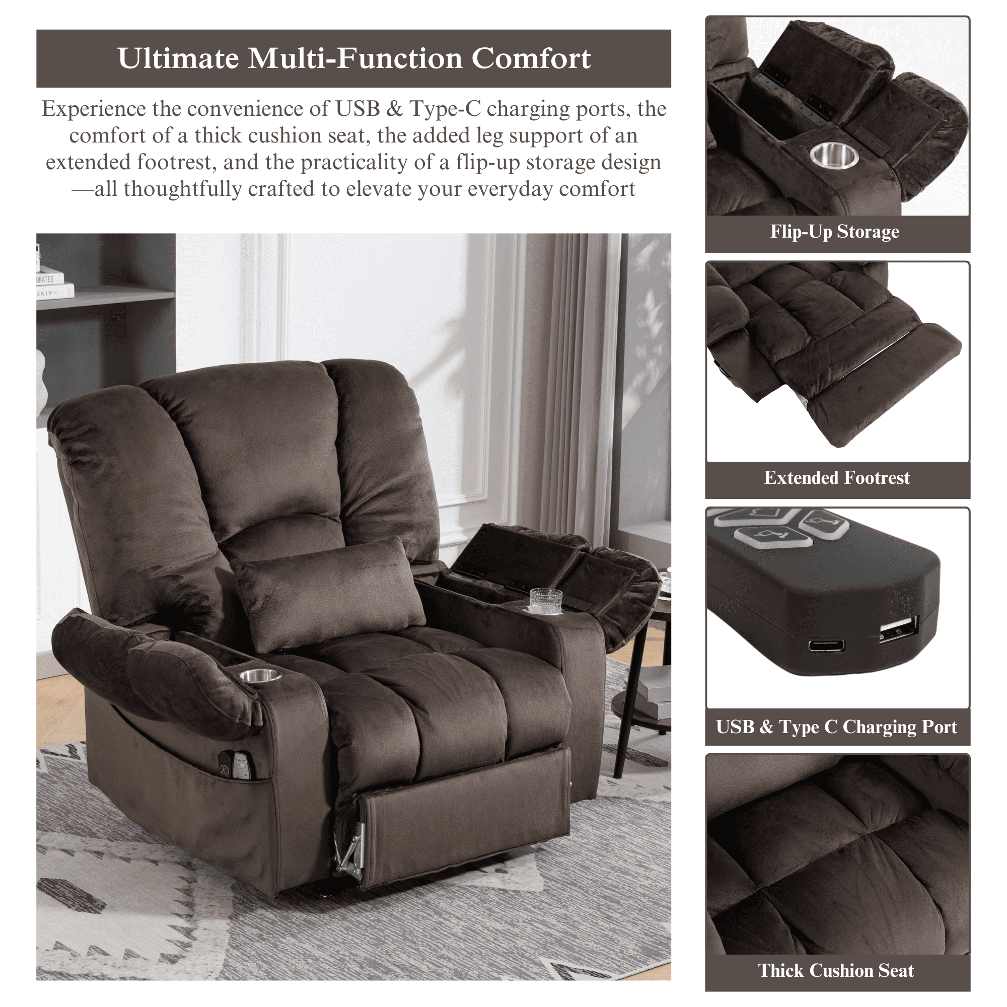 Big Man 500 lbs Power Lift Recliner for Big & Tall Elderly Adults 28 Inch Wide Seat, Lay Flat Lift Recliner Chair with Extended Footrest, Heat Massage, USB Type-C, Flip Arm Storage & Cup Holders