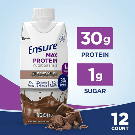Ensure Max Protein Nutrition Shake with 30g of protein, 1g of Sugar, High Protein Shake, Milk Chocolate, 11 fl oz, 12
