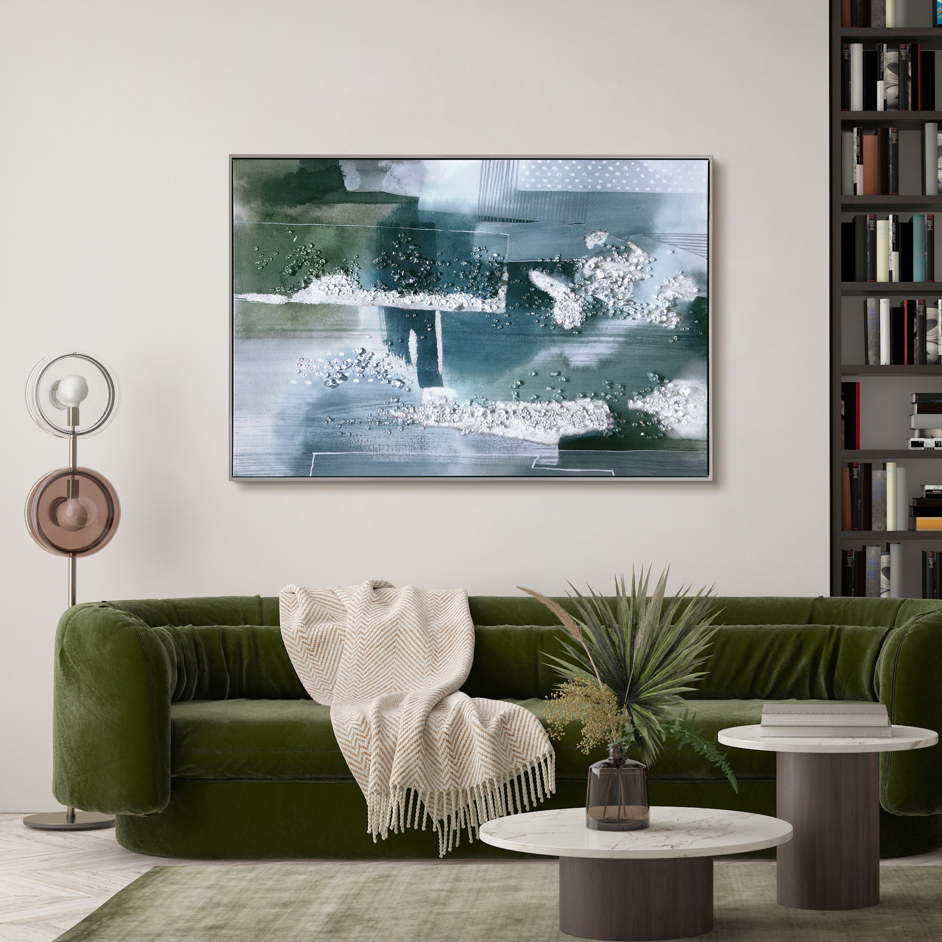 "Silver Mist I & II" Crystallus Epoxy Coated Wrapped Framed Glossy Canvas Wall Art with Heavy Acrylic Crystal Shards Embellishments, Silver Foil Accents