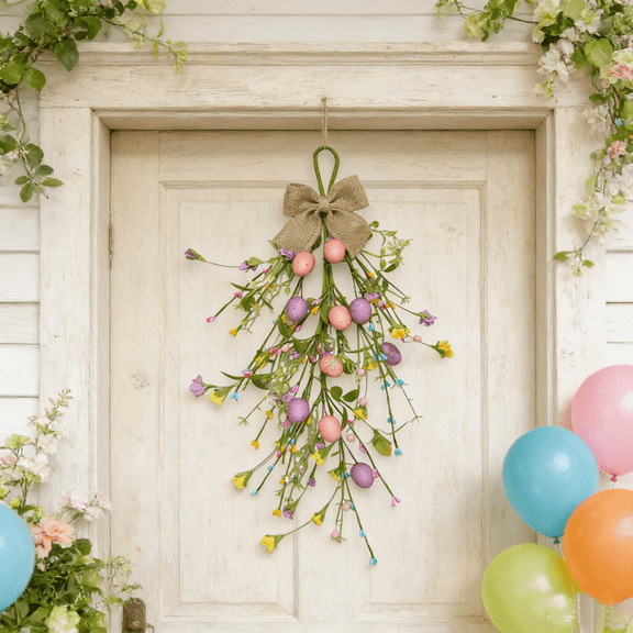Guvpev 20" Easter Egg Teardrop Swag - Artificial Spring Flower Wall Decor with Pastel Speckled Eggs & Burlap Bow - Farmhouse Front Door Hanger for Easter Party & Home Window Decoration