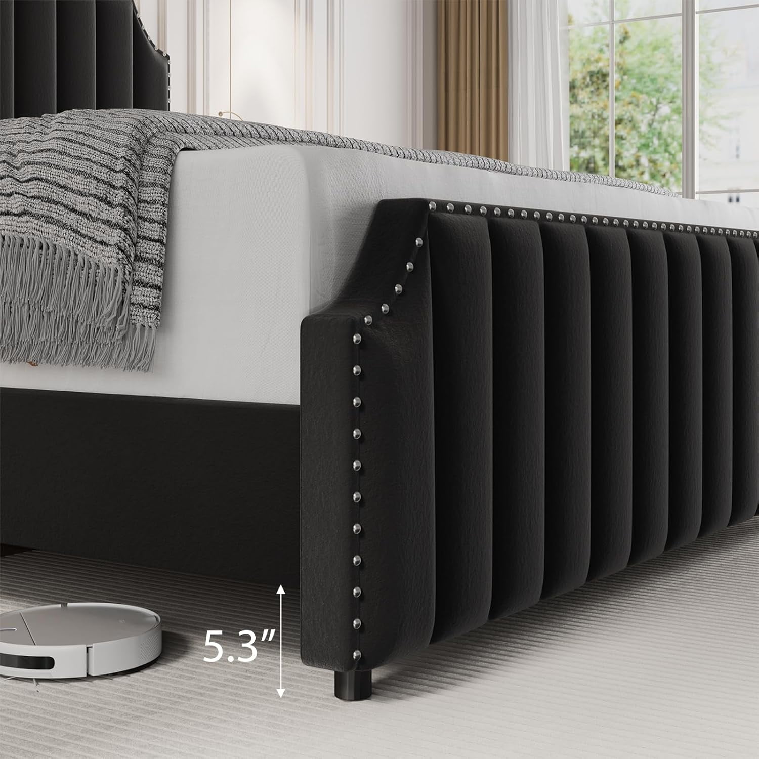 GarveeHome Queen Velvet Bed Frame, Upholstered Platform with 50.2" Tall Headboard & Footboard, Nailhead Trim, Solid Wooden Slats, No Box Spring Needed, Black