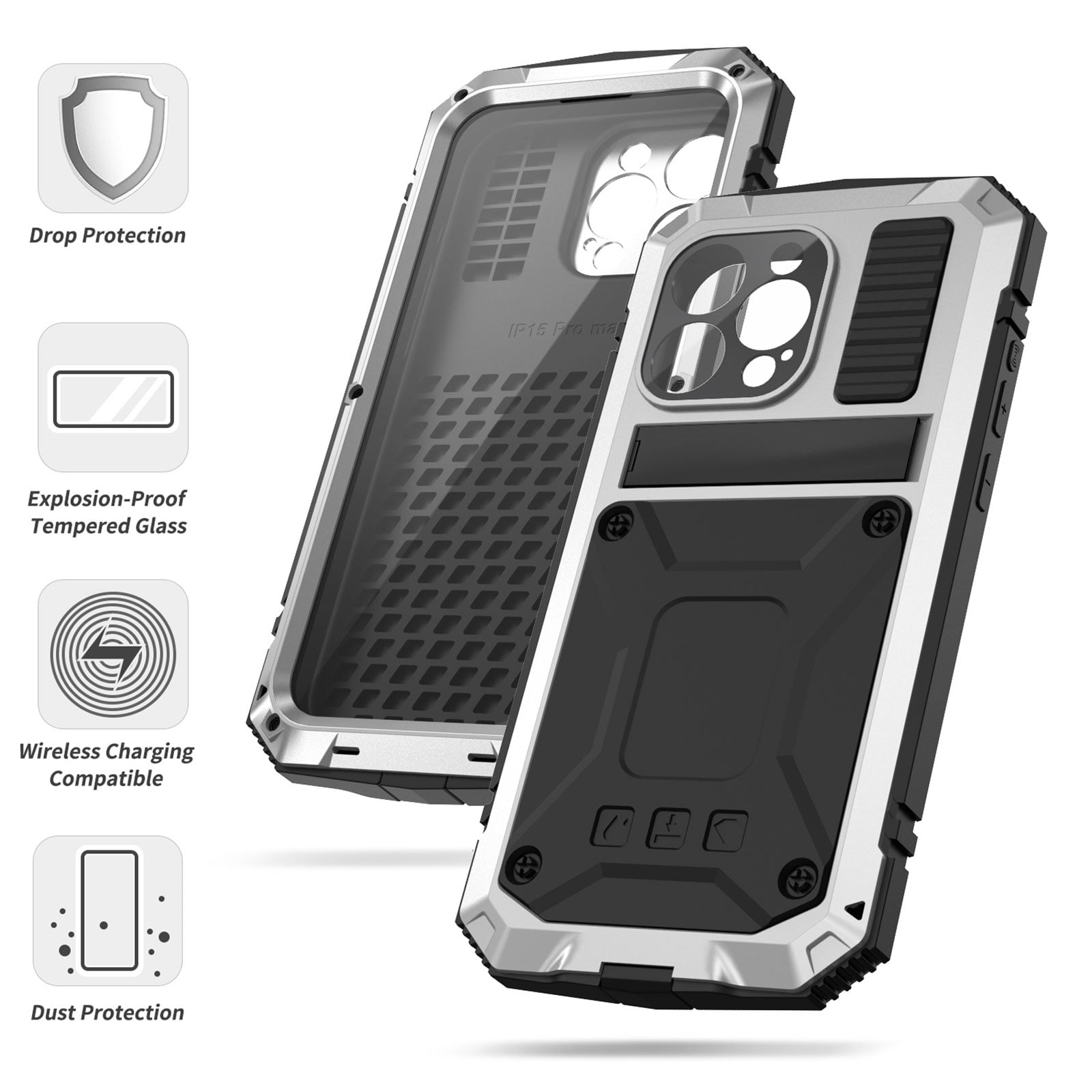 Dteck for iPhone 15 Pro Case,Outdoor Sports Military Heavy Duty Metal Cover Shockproof Dustproof Full Body Case with Built in Tempered Glass Screen Protector Hybrid Kickstand Cover, Silver