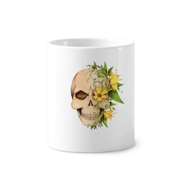 Flor cráneo esqueleto ilustración Titular de cepillo de dientes de cerámica taza de regalo pluma blanco taza 350ml