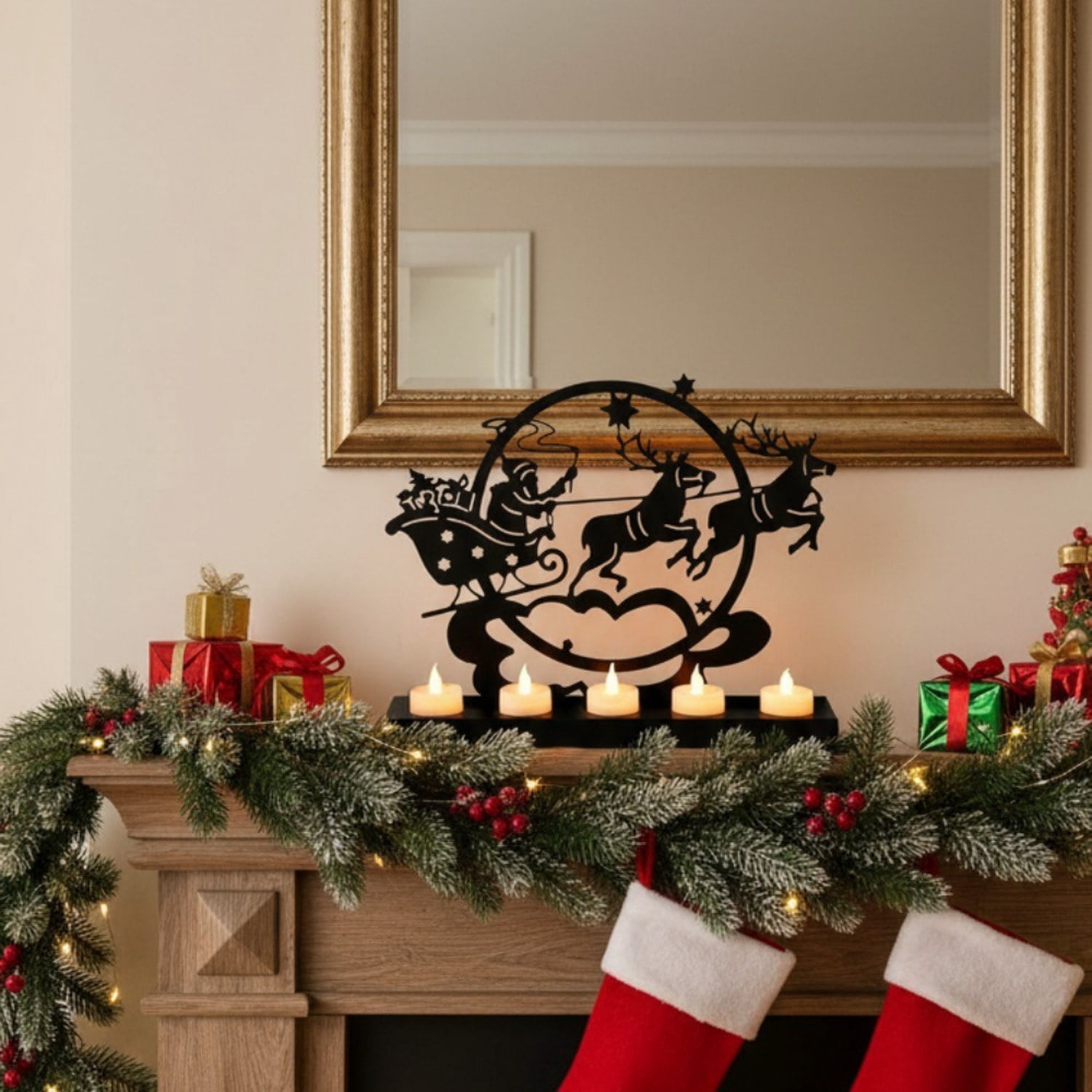 Christmas Metal Sign with Santa and Reindeer Design, Rustic Farmhouse Tabletop and Fireplace Decor