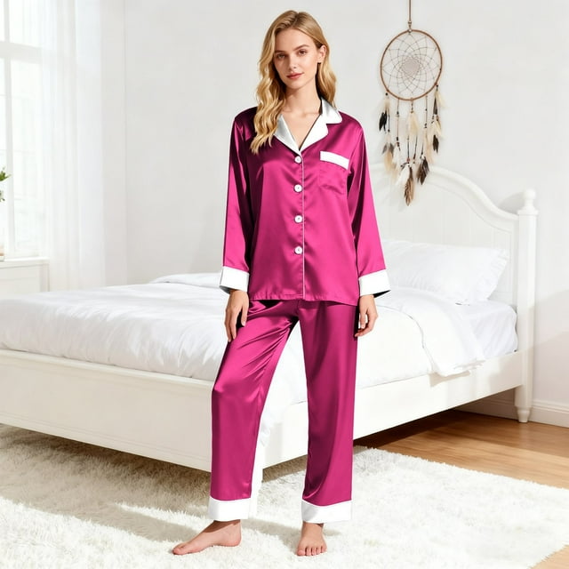 Ensemble de Pyjama en Satin pour Femmes, Couleur Unie avec Garniture Contrastée, Haut à Manches Longues avec Col Cranté et Pantalon, Détail de Manchette Contrastée Élégant, Chemise de Nuit à Boutons Rose Vif