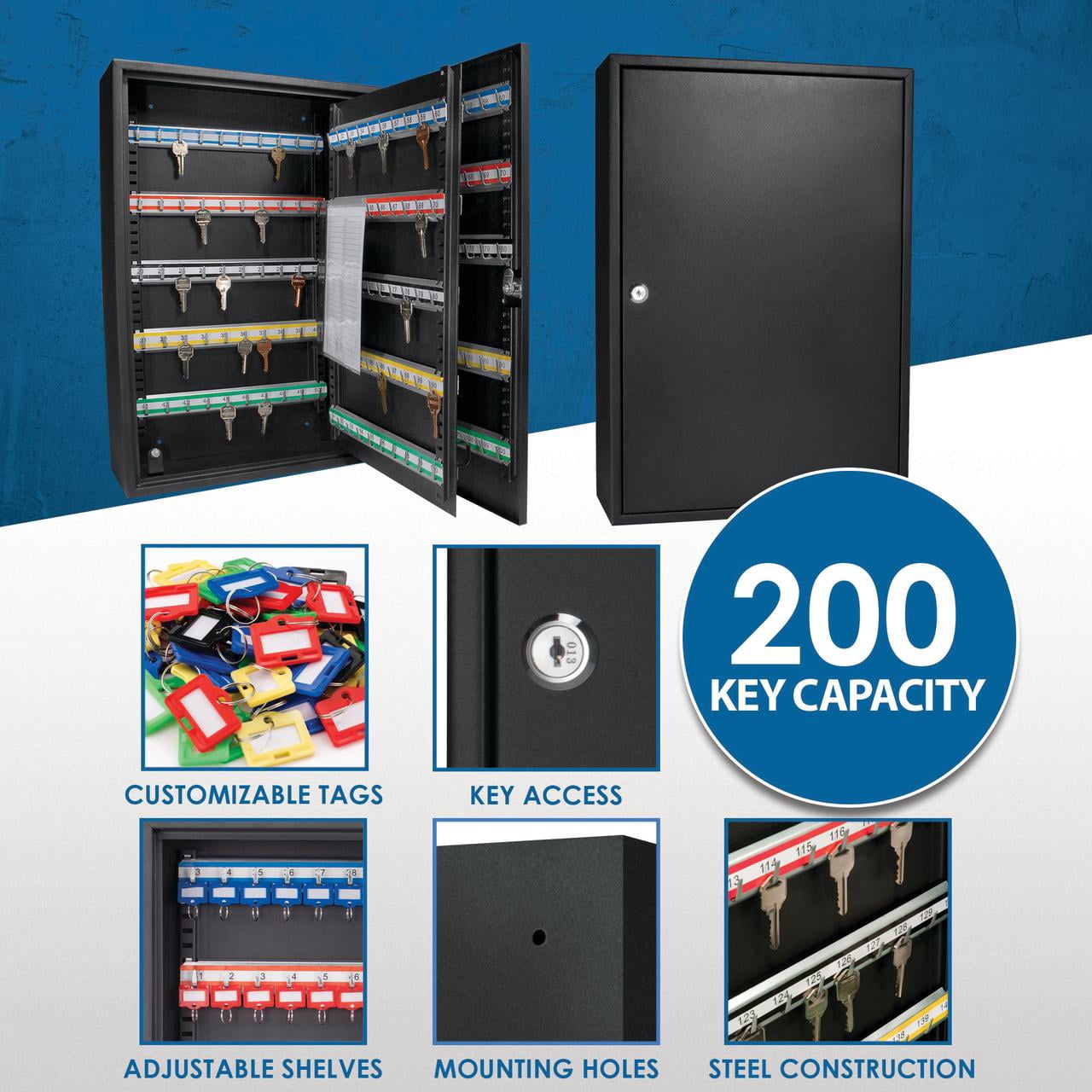 E-Western 200 Key Adjustable Steel Key Cabinet with Lock Secure Wall Mount for Keys Organization and Management Black
