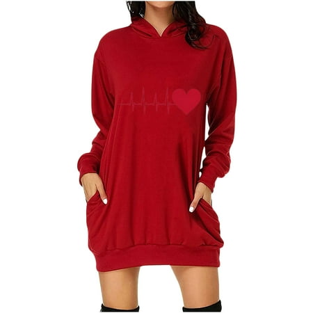 

Crewneck Dress Women Women s Valentine s Day Love Heart Printing With Pocket Long Sleeve Hoodie Sweatshirt Dress Dresses for Women 2022 Party Night Maternity Dresses