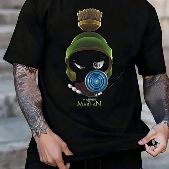 【New Arrival】Marvin The Martian Retro Cartoon Graphic T-Shirt, Black Cotton Crew Neck Nostalgic Looney Tunes Tee