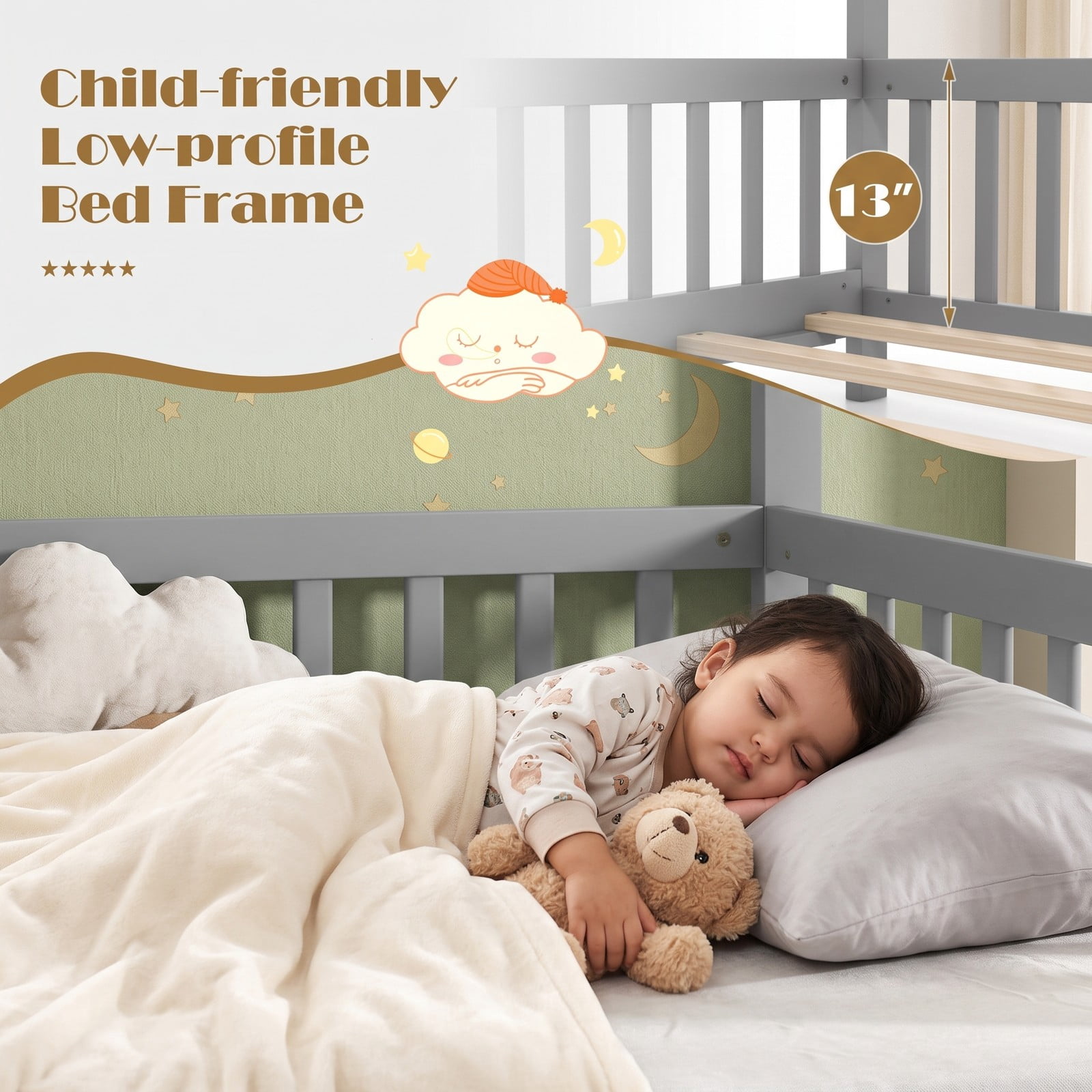Furnibear Extendable House Bed Twin to King Size Daybed with Roof Frame and Fence Rails for Kids and Shared Bedroom, Gray