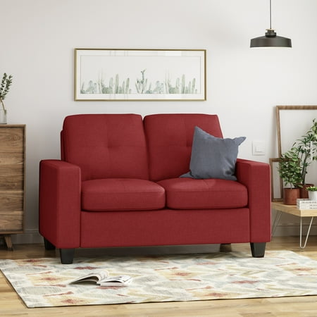 What Is A T Cushion Loveseat Estelle Contemporary Waffle Stitch Tufted Loveseat with Plush Cushions and Tapered Legs - Red and Black Finish ()