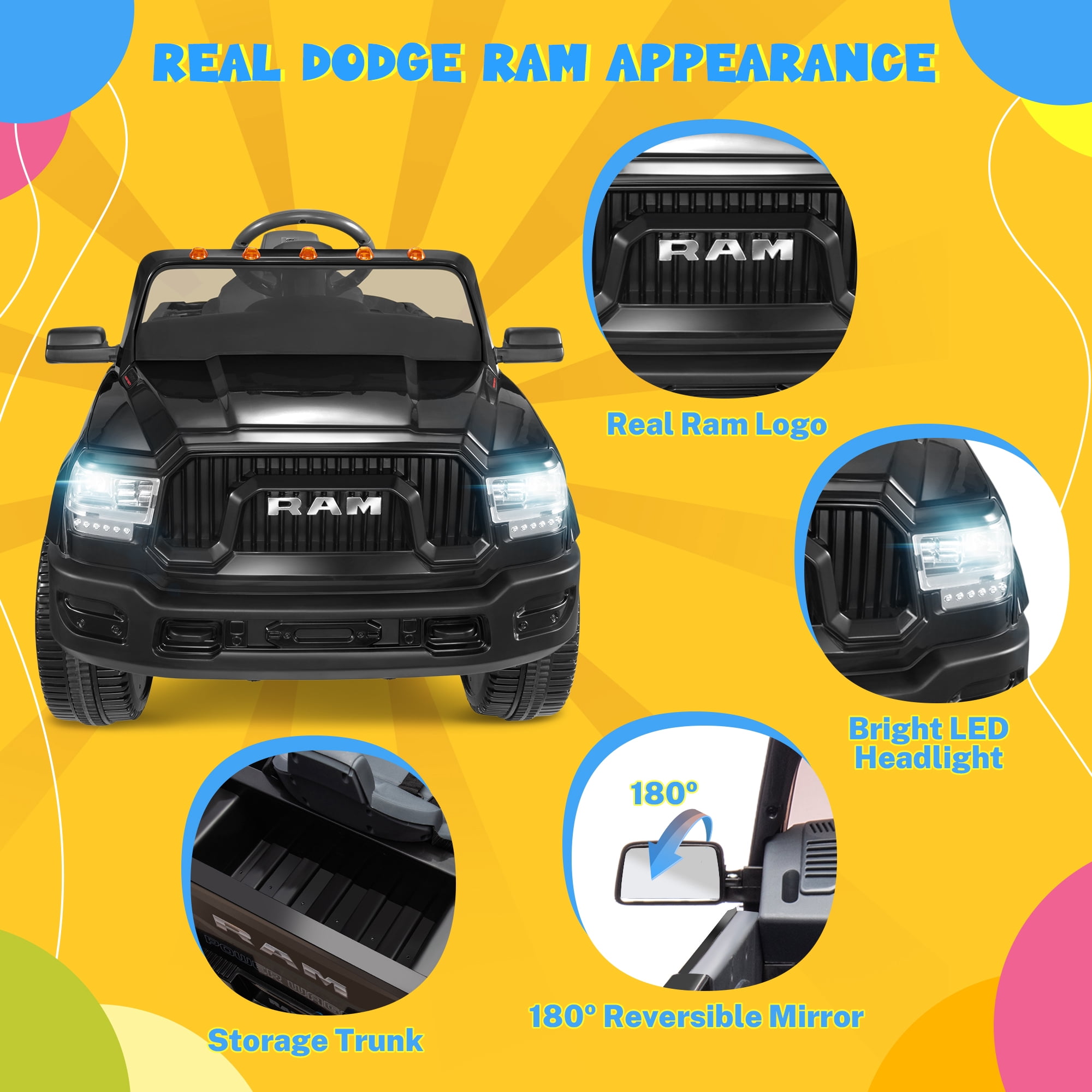 Ram Ride on Cars, 12V Licensed Powered Dodge Ram Ride on Toy Car with Remote Control, Electric Truck Car for Kids 3-5 w/Music Player/LED Headlights/Safety Belt/Water Cup Holder, Black