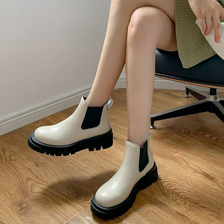 

YOTAMI Women s Shoe Winter Warm Solid Color Sleeve Round Toe Short Tube Thick Heel Boots Workwear White 6