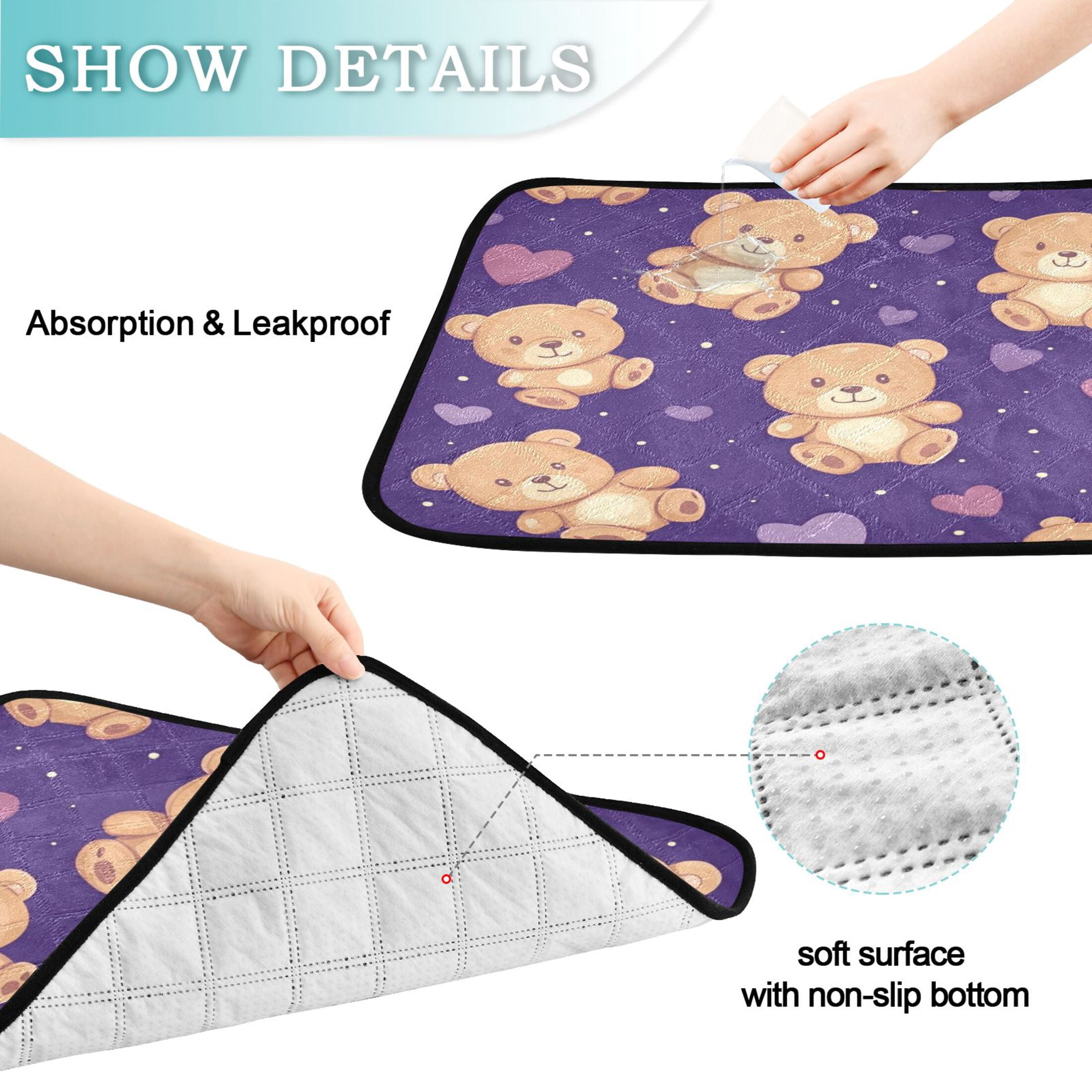 Qxltty Cute Teddy Bear and Heart Pattern Cat litter Pads Pet Set of 3 Diaper Mats Center Anti-leakage Layer Absorbent Soft and Comfortable