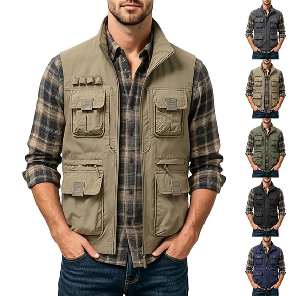 Gealkoca Men's Vest with Multi Pockets Breathable Lightweight Outdoor Cargo Vest Solid Color Stand Collar Jacket Men's Travel Sports Workout Vest