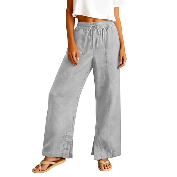 Linen Pants Women Wide Leg Casual Summer Vacation Outfits Travel Beach Pants Elastic Waist Ankle Split with Pockets Gray L