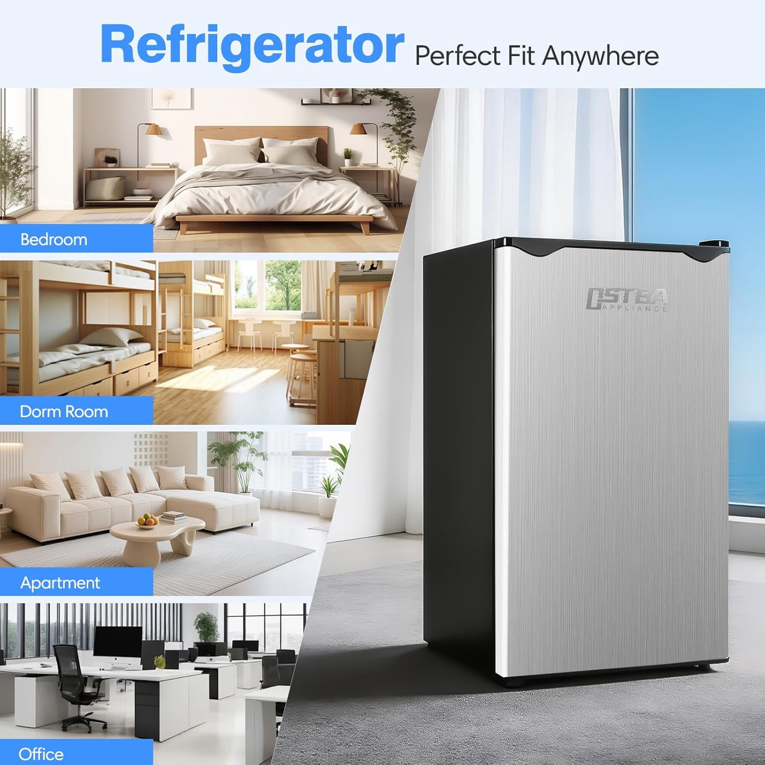 OSTBA 3.2 Cu.Ft Mini Fridge with Freezer, Single Door Compact Refrigerator with Adjustable Thermostat, Low Noise, Removable Glass Shelves, Large Capacity for Bedroom, Dorm, Office,Silver