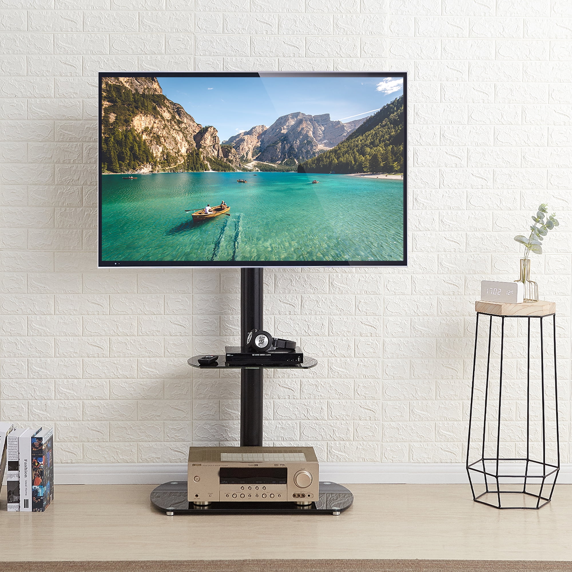 Rfiver Floor Tv Stand With Swivel Mount 2 Shelf For Tvs 32 37 42 47 50 55 60 65 Flat Screen Black Finish Tf6001