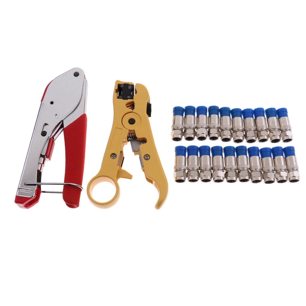 Coaxial Cable Wire Stripper Crimping Pliers Tools Set W/ 20 F Connector Heads 
