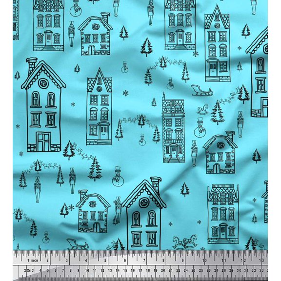 Soimoi Blue polyester Crepe Fabric Architectural Structure Architectural Printed Fabric 1 Yard 42 Inch Wide