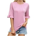 thumbnail image 2 of YHAJDS Womens T Shirts Trendy Short Sleeve Round Neck Rolled Hem Solid Color Tee Loose Casual Top, 2 of 5