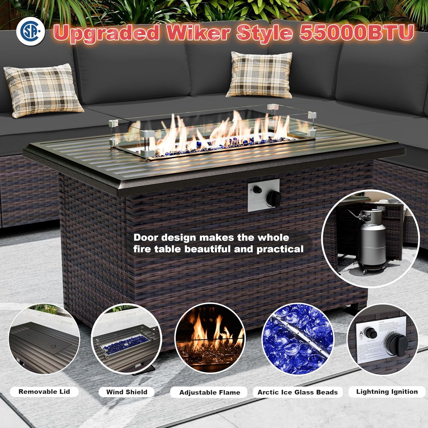 ASJMR 7 Pieces Wicker Patio Furniture Set With Gas Fire Pit Table,Outdoor Rattan Sectional Sofa Conversation Set With Cushions & Coffee Table,Black